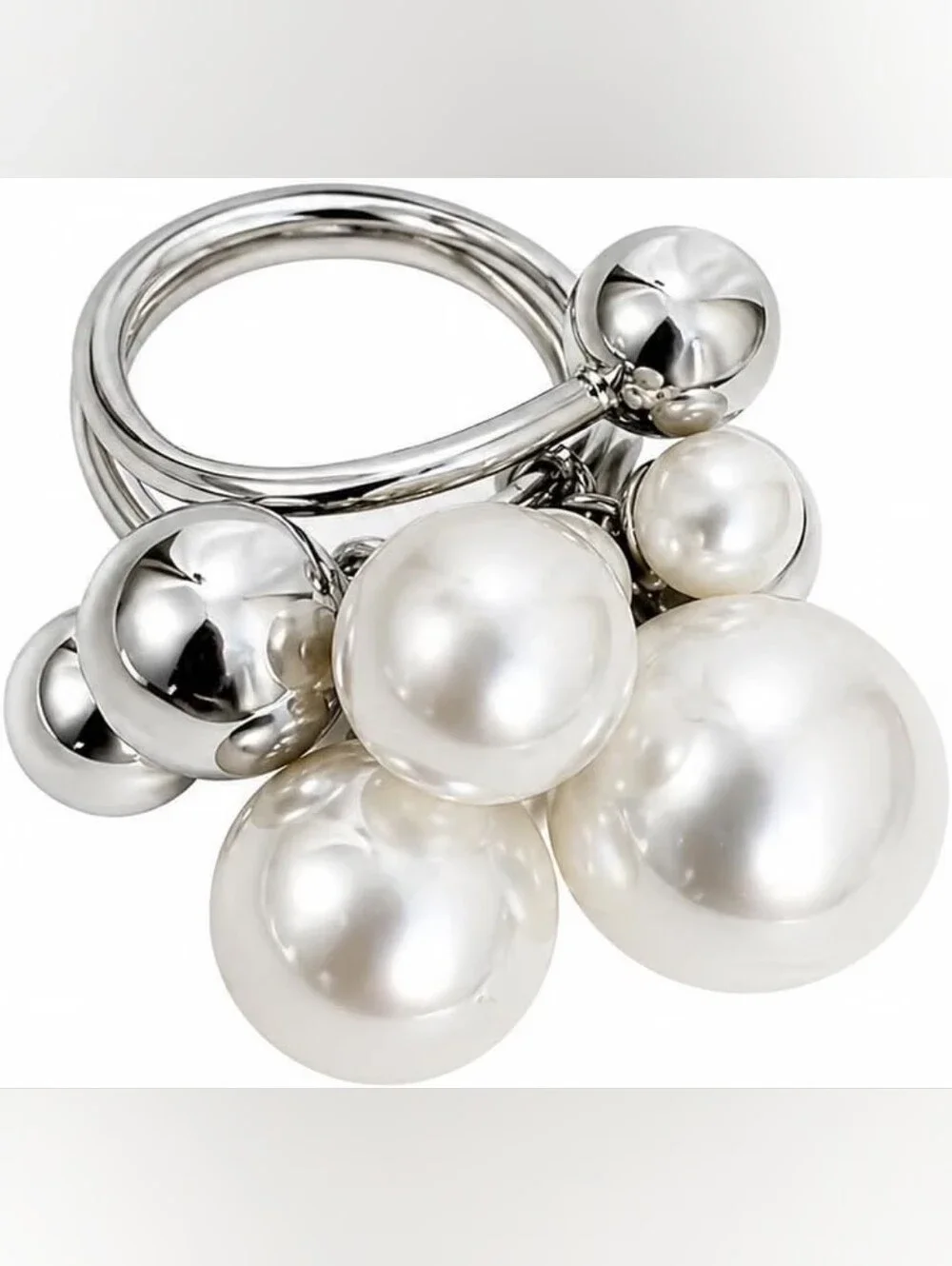 Pearl Cluster Statement Ring Adjustable Silver Tone Bubble Bead